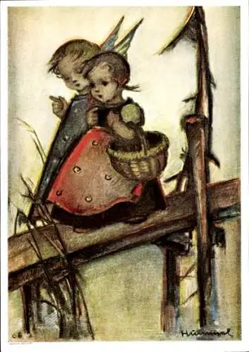Künstler Ak Hummel, Berta, Engel, Mädchen, Brücke, Korb