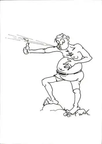 Ak Mann mit großem Bauch, Finger angezündet