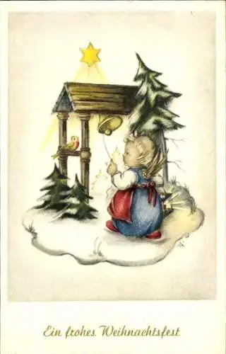 Künstler Ak Glückwunsch Weihnachten, Engel, Glocke, Tannenbäume