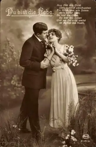 Ak Liebespaar, Du bist die Liebe, Blumen