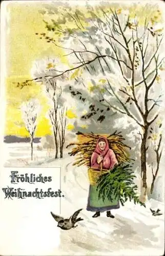 Litho Glückwunsch Weihnachten, Frau, Holz, Tannenbaum, Vögel