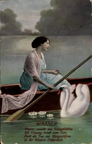 Ak Frau im Ruderboot, Schwan, Paddel, Wasser