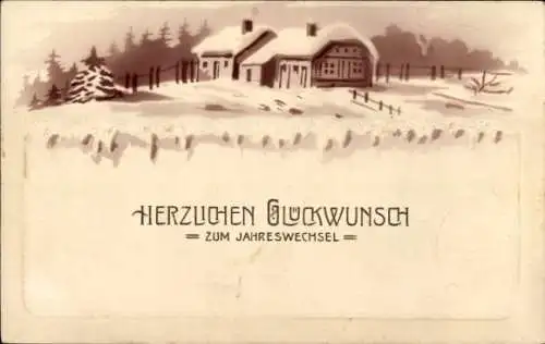 Präge Ak Glückwunsch Neujahr, Wohnhaus, Schnee