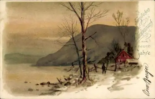 Litho Glückwunsch Neujahr, Wohnhaus, Berg, Schnee