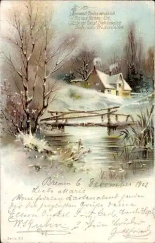 Litho Wohnhaus, Fluss, Brücke, Schnee, Tausend Grüße sende ich...