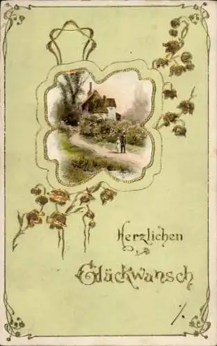 Präge Ak Glückwunsch, Wohnhaus, Blumen