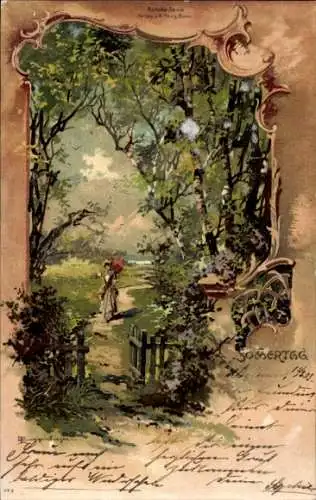 Passepartout Litho Sommertag, Frau mit Sonnenschirm, Spaziergang