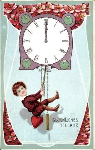 Ak Glückwunsch Neujahr, Junge hängt am Pendel einer Uhr, Blüten