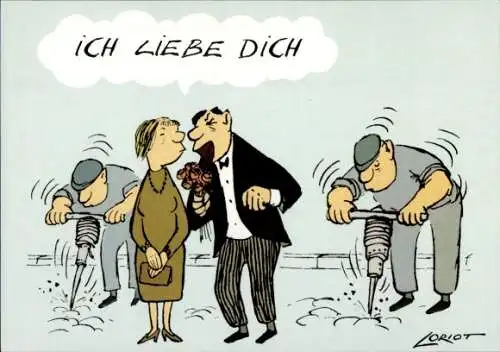 Künstler Ak Loriot, Ich liebe dich, Liebespaar, Bauarbeiter mit Presslufthammer