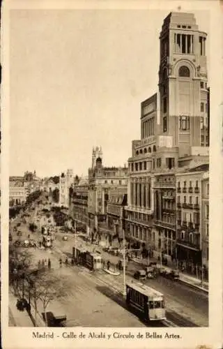 Ak Madrid Spanien, Calle de Alcala, Circulo de Bellas Artes, Straßenbahnen