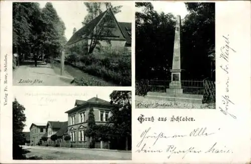 Ak Schladen am Harz Niedersachsen, Lindenallee, Kriegerdenkmal, Maschinen Mühlenbau Anstalt