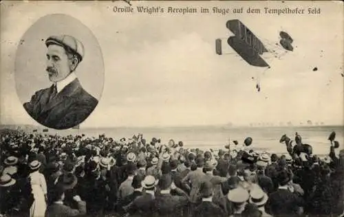 Ak Berlin Tempelhof, Zentralflughafen, Wright's Aeroplan im Flug auf dem Tempelhofer Feld