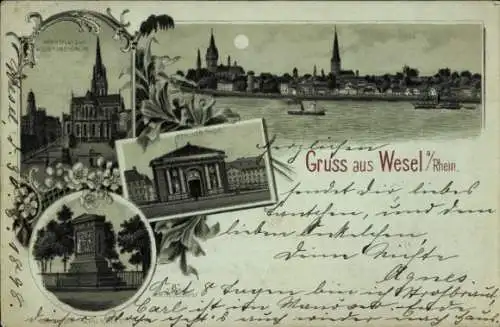 Mondschein Litho Wesel am Niederrhein, Marktplatz, Willibrordikirche, Berliner Tor, Denkmal