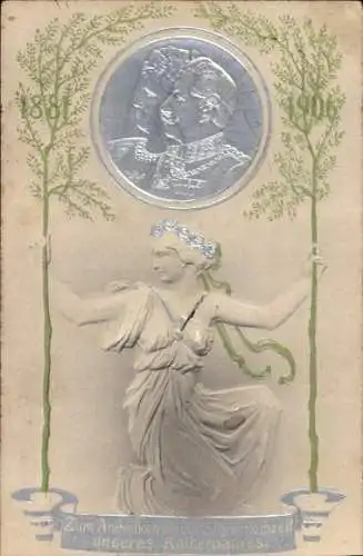 Präge Jugendstil Litho Kaiser Wilhelm II., Kaiserin Auguste Viktoria, Silberhochzeit 1906