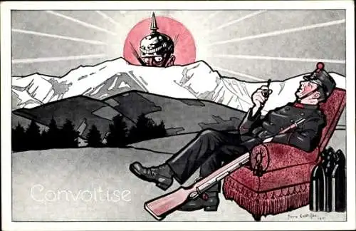 Künstler Ak Chatillon, Pierre, Last Ray, Rest Arms, Karikatur Kaiser Wilhelm II., Soldat