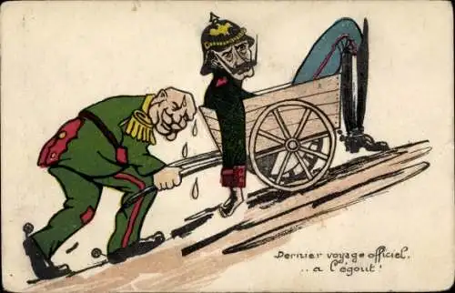 Künstler Ak Propaganda Frankreich, Kaiser Franz Joseph I. schiebt Wilhelm II in einer Schubkarre