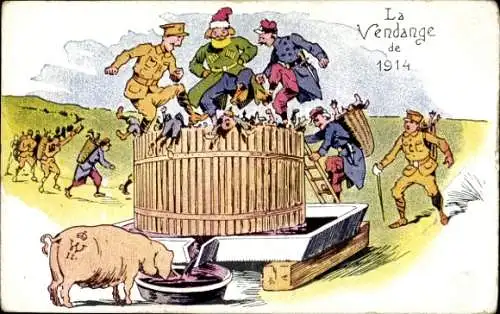 Ak Brite, Russe und Franzosen pressen deutsche Soldaten aus, Weinstampfen, I WK, Wilhelm als Schwein