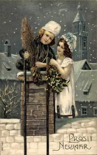 Präge Litho Glückwunsch Neujahr, Schornsteinfeger, Mädchen, Dach, Leiter