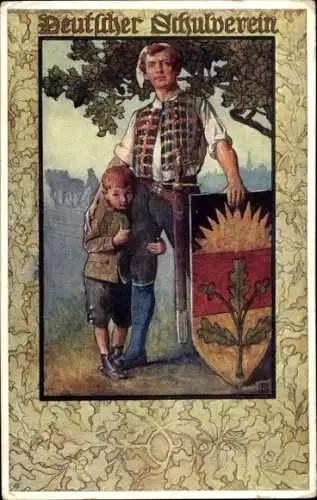 Künstler Ak Mann in Tracht mit Sohn, Schwert, Wappen