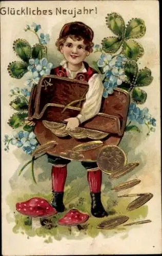 Präge Litho Glückwunsch Neujahr, Junge, Portemonnaie, Münzen, Kleeblätter, Fliegenpilze