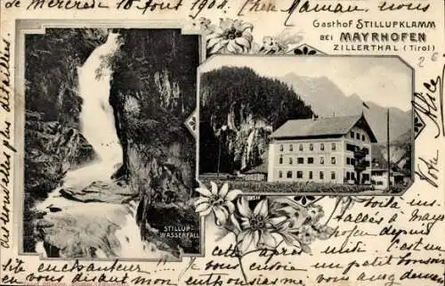 Ak Mayrhofen im Zillertal Tirol, Gasthof Stillupklamm, Wasserfall