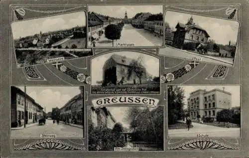 Ak Greußen in Thüringen, Marktplatz, Post, Schule, Steinweg, Steingraben, Westseite, Schieferhof