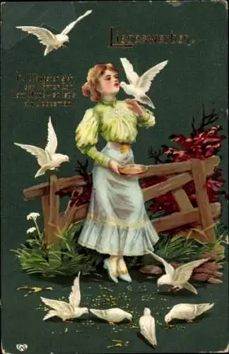 Präge Ak Liebeswerben, Frau, Tauben, Futter
