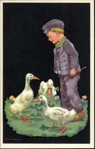 Künstler Ak Kirchbach, Junge mit Enten auf der Wiese