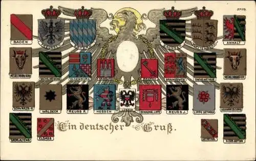 Präge Wappen Litho Ein deutscher Gruß, Kaiser Wilhelm II., Anhalt, Sachsen, Hamburg, Bayern