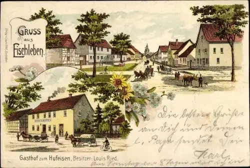 Litho Eischleben Amt Wachsenburg Thüringen, Gasthof zum Hufeisen, Teilansicht