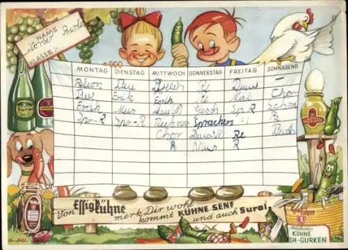 Stundenplan Reklame Künstler, Essig Kühne, Kinder mit Ketchup, Senf, Gurken, Surol um 1950