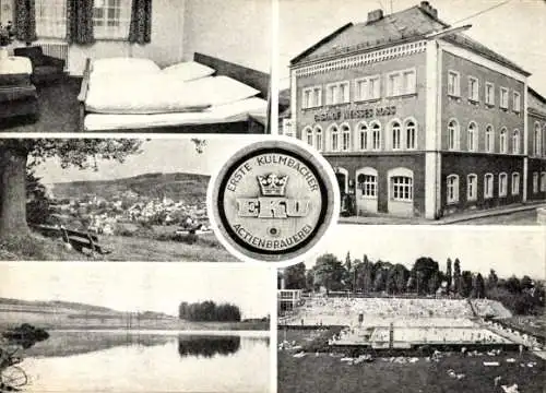 Ak Arzberg in Oberfranken, Erste Kulmbacher Actienbrauerei, Gasthof Weißes Ross, Freibad