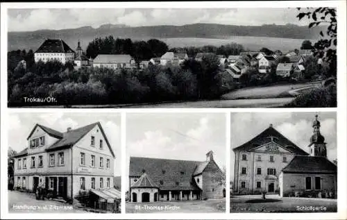 Ak Trockau Pegnitz im Kreis Bayreuth Oberfranken, Panorama, Schloss, St. Thomas Kirche, Handlung