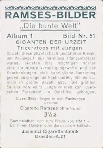 Sammelbild Die bunte Welt, Giganten der Urzeut, Triceratops