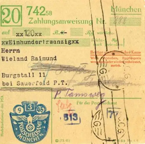 Zahlungsanweisung Prägest. München 9.3.1945, Postscheckamt, Zensur, mit Heimatschein