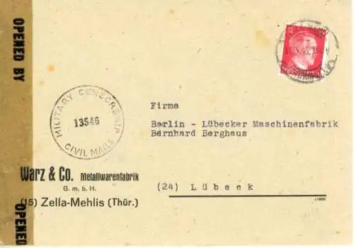 Michel Nr. 827 auf Brief, Überroller Zella Mehlis 31.3.1945, Zensur