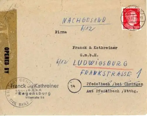Michel Nr. 827 auf Brief, Überroller Regensburg 16.3.1945, Zensur