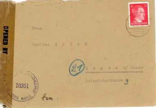 Michel Nr. 827 auf Brief, Überroller Templin 1.3.1945, Zensur