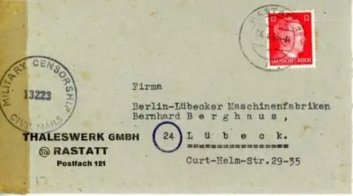 Michel Nr. 827 auf Brief, Überroller Rastatt 4.4.1945, Zensur