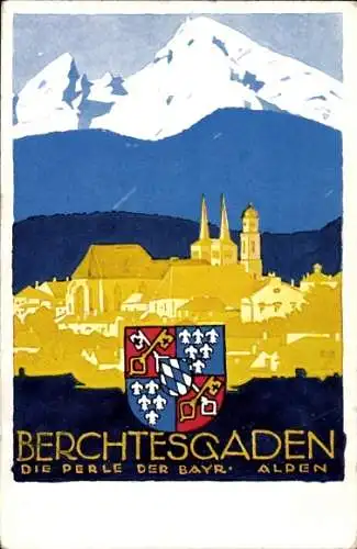 Künstler Wappen Ak Hohlwein, Ludwig, Berchtesgaden in Oberbayern, Ortschaft mit Landschaftsblick