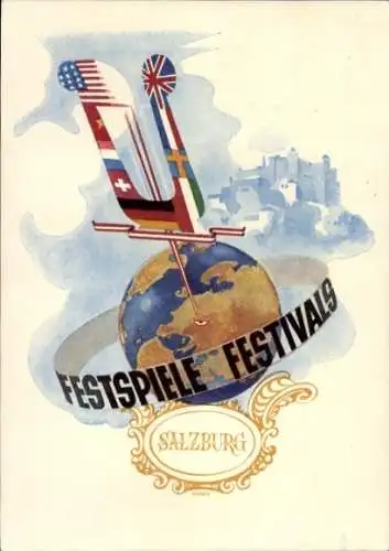 Ak Salzburger Festspiele 1950, Globus, Fahnen