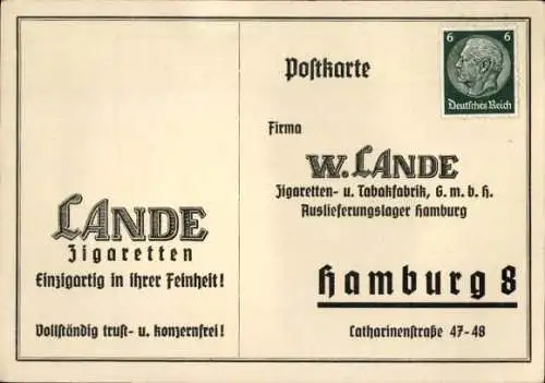 Ak Reklame, W. Lande Zigaretten- und Tabakfabrik GmbH Hamburg, Bestellkarte