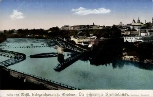 Ak Hrodna Grodno Weißrussland, Östl. Kriegsschauplatz, Gesprengte Njemenbrücke, I. WK
