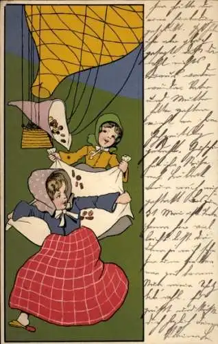 Künstler Ak Fesselballon, Füllhorn, Mädchen mit Laken, Süßigkeiten, Meissner & Buch Serie 1394
