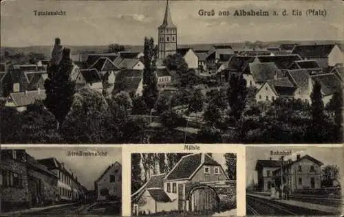 Ak Albsheim Obrigheim Rheinland Pfalz, Blick über die Dächer, Straßenansicht, Bahnhof, Mühle