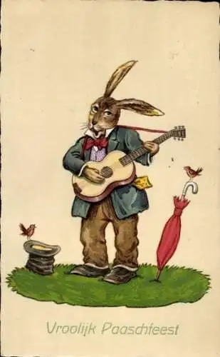 Ak Glückwunsch Ostern, Vermenschlichter Hase spielt Gitarre