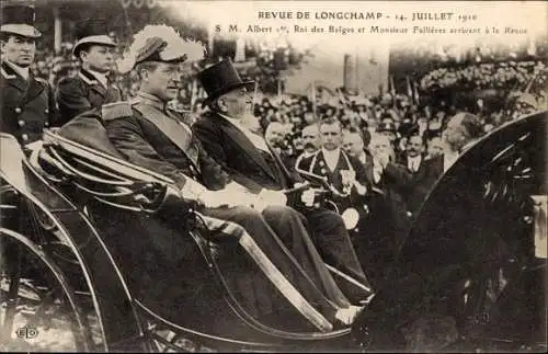 Ak Revue de Longchamp, 14. Juli 1910, König Albert von Belgien, Monsieur Fallieres