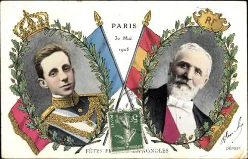 Ak Paris, Émile Loubet, König Alfons XIII. von Spanien, Fêtes Franco Espagnoles, 30. Mai 1905