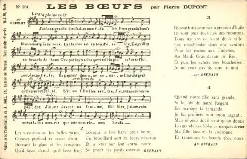 Lied Ak Les Boeufs, Pierre Dupont, Die Ochsen, J'ai deux grands boeufs..
