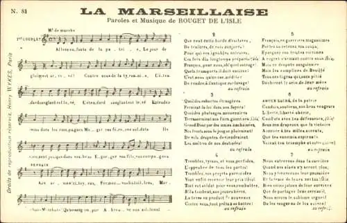 Lied Ak La Marseillaise, Paroles et Musique de Rouget de l'Isle